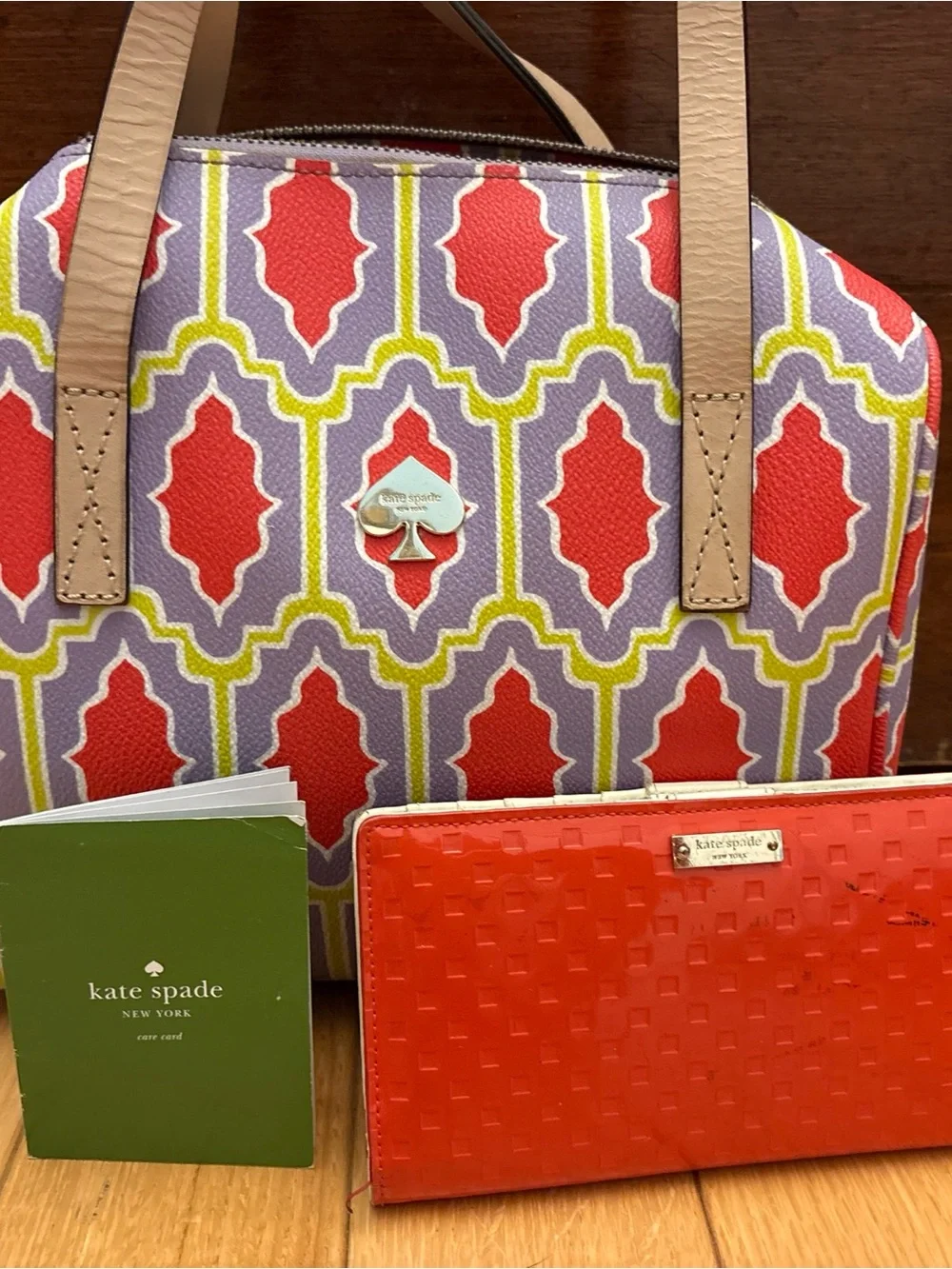 Kate Spade  Lavender orange & yellow Geometric Tote with Red Wallet